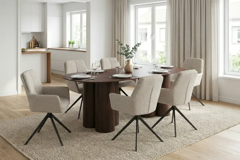 Juno spisegruppe rektangulær 220 cm valnød med 6 Torsby spisebordsstole - Valnød - Møbler - Borde - Spisebordssæt