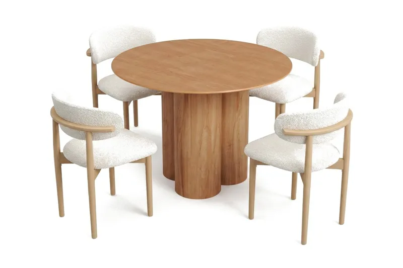 Juno spisegruppe rund 110 cm eg med 4 Jaiveer spisebordsstole, Eg