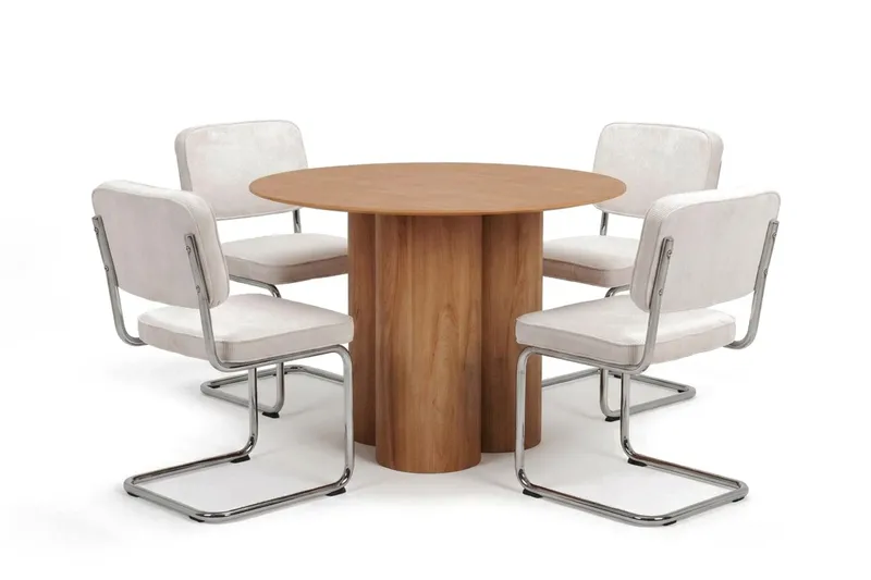 Juno spisegruppe rund 110 cm eg med 4 Milva spisestole, Eg