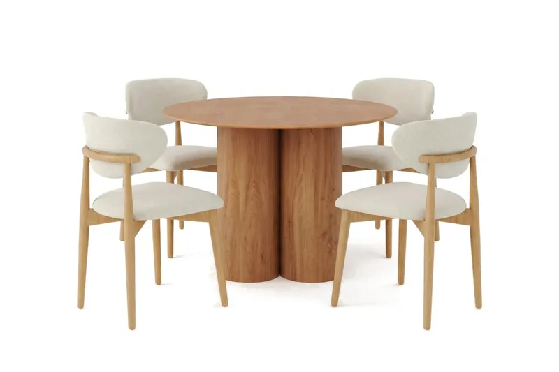 Juno spisegruppe rund 110 cm eg med 4 Molly-spisestole, Eg