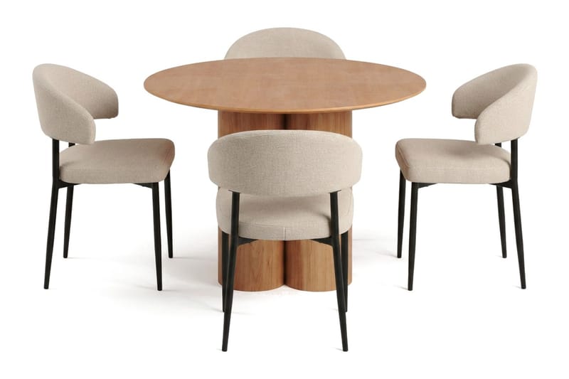 Juno spisegruppe rund 110 cm eg med 4 Sawako spisebordsstole, Eg