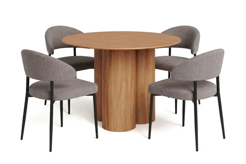 Juno spisegruppe rund 110 cm eg med 4 Sawako spisebordsstole, Eg