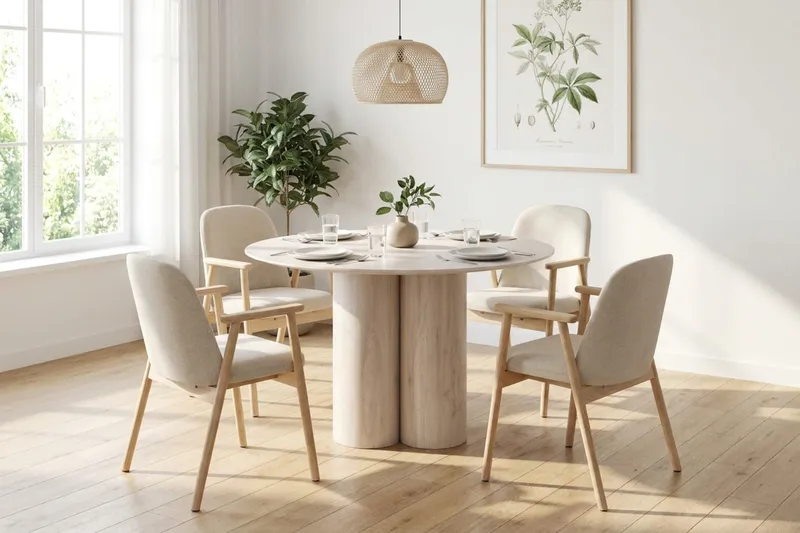Juno spisegruppe rund 110 cm hvidlaseret med 4 Reciclar spisestole - Hvidolieret - Møbler - Borde - Spisebordssæt