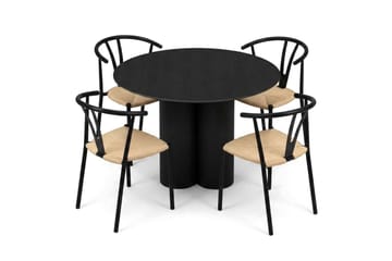 Juno spisegruppe rund 110 cm i sort med 4 Elysia spisestole - Sortbejdset eg - Møbler - Borde - Spisebordssæt