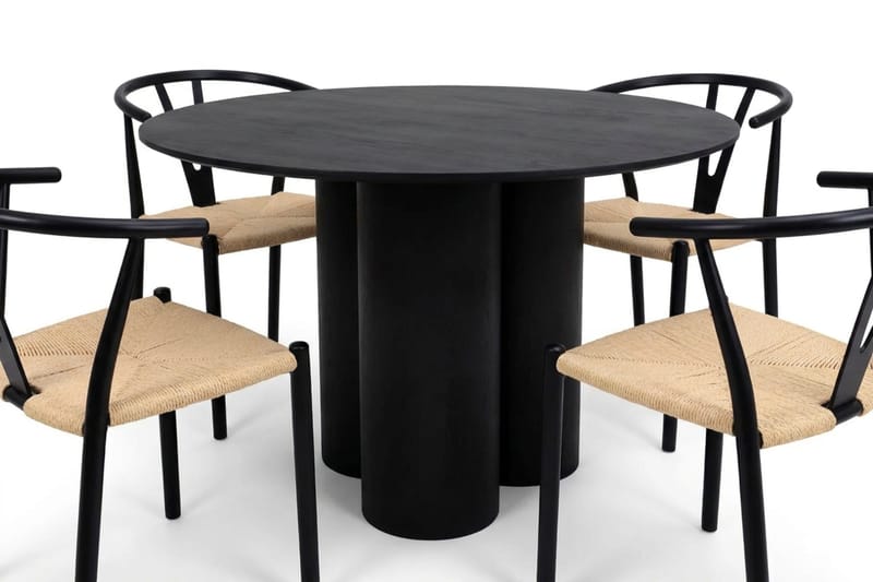 Juno spisegruppe rund 110 cm i sort med 4 Elysia spisestole - Møbler - Borde - Spisebordssæt
