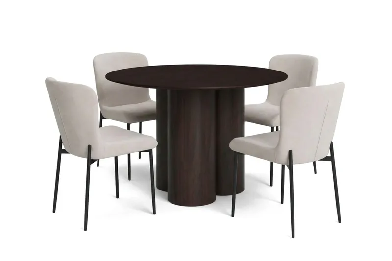 Juno spisegruppe rund 110 cm røget eg med 4 Elsie spisestole, Røget eg/Beige