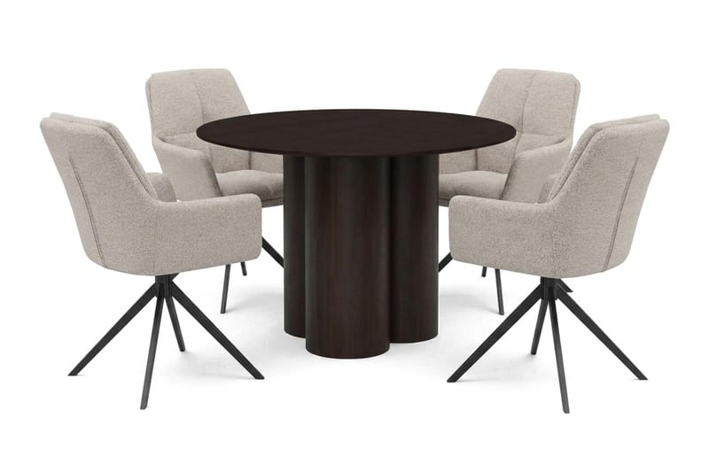 Juno spisegruppe rund 110 cm røget eg med 4 Torsby spisestole, Røget eg