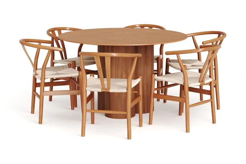 Juno spisegruppe rund 130 cm eg med 6 Dastoori spisestole, Eg