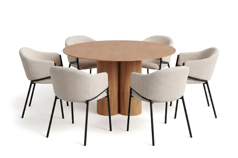 Juno spisegruppe rund 130 cm eg med 6 Filip spisestole, Eg