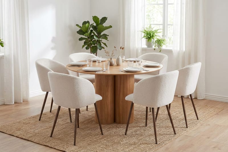 Juno spisegruppe rund 130 cm eg med 6 Greya spisestole - Eg - Møbler - Borde - Spisebordssæt