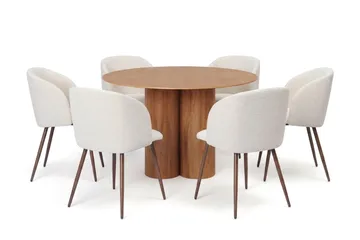 Juno spisegruppe rund 130 cm eg med 6 Greya spisestole