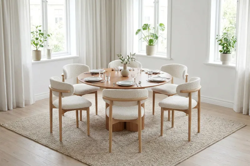 Juno spisegruppe rund 130 cm eg med 6 Jaiveer spisestole - Eg - Møbler - Borde - Spisebordssæt