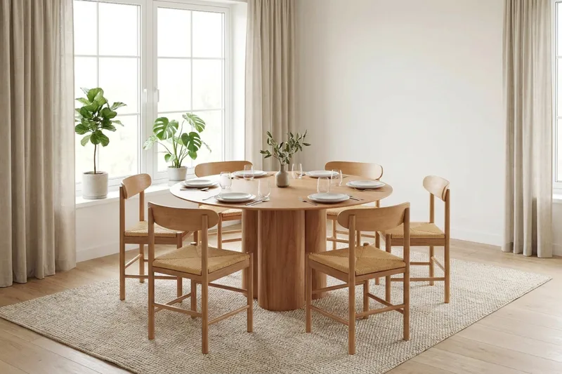 Juno spisegruppe rund 130 cm eg med 6 Malte spisestole - Møbler - Borde - Spisebordssæt