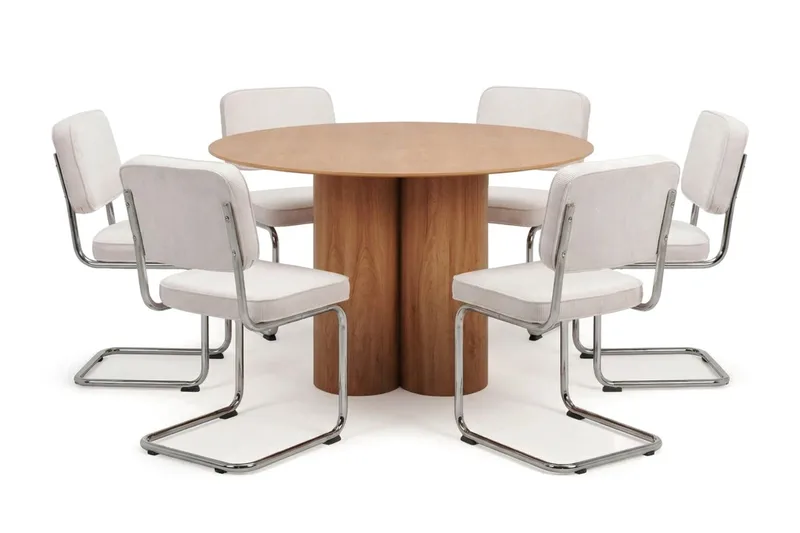 Juno Spisegruppe rund 130 cm Eg med 6 Milva spisebordsstole, Eg