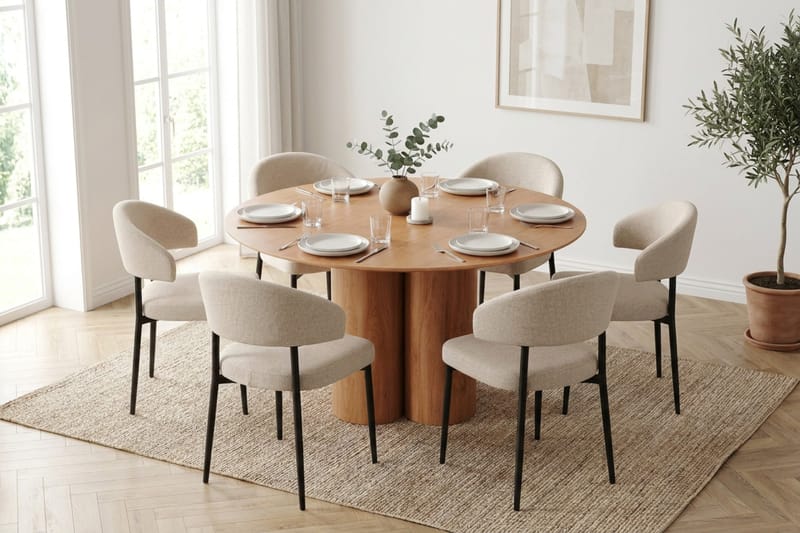Juno spisegruppe rund 130 cm eg med 6 Sawako spisestole - Eg - Møbler - Borde - Spisebordssæt
