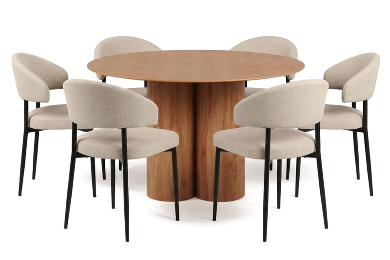 Juno spisegruppe rund 130 cm eg med 6 Sawako spisestole, Eg