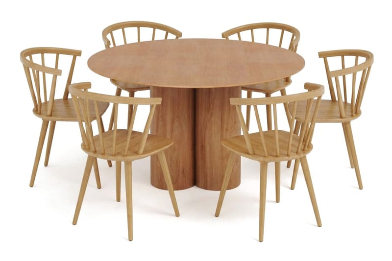 Juno spisegruppe rund 130 cm eg med 6 Tyrö spisestole - Eg - Møbler - Borde - Spisebordssæt