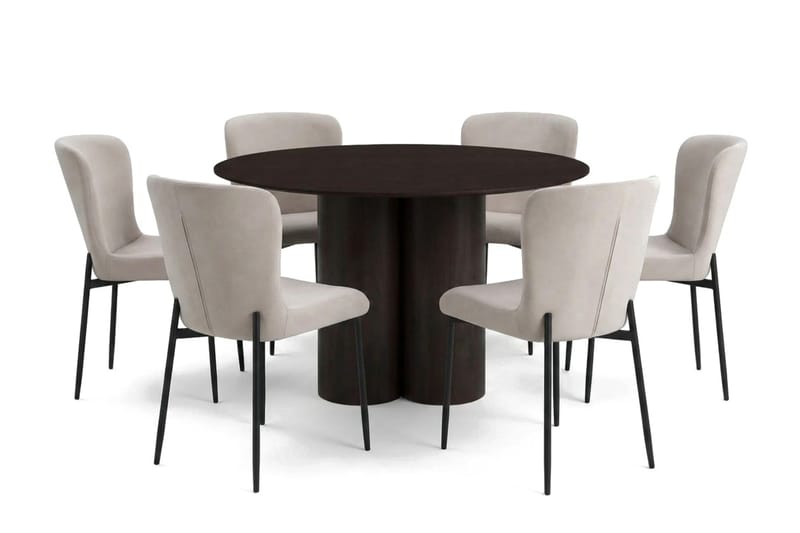 Juno spisegruppe rund 130 cm røget eg med 6 Elsie spisestole, Røget eg/Beige