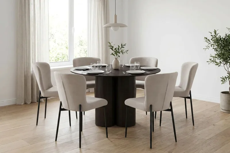 Juno spisegruppe rund 130 cm røget eg med 6 Elsie spisestole - Røget eg/Beige - Møbler - Borde - Spisebordssæt