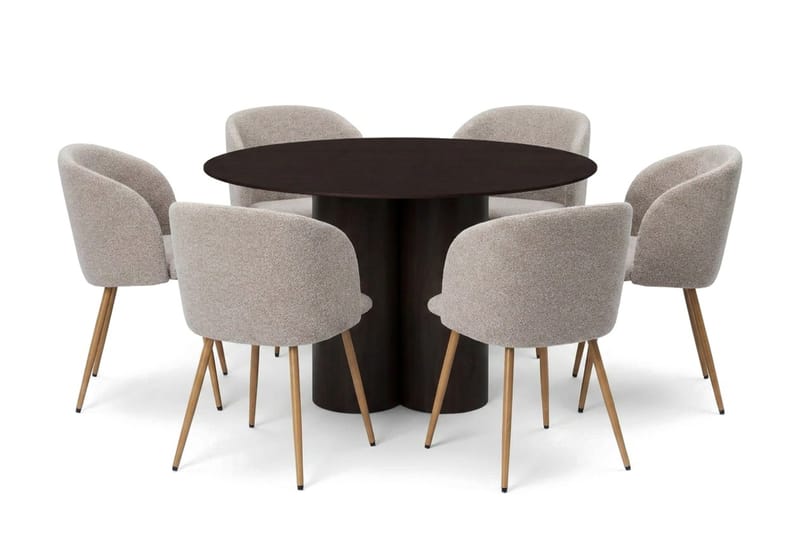 Juno spisegruppe rund 130 cm røget eg med 6 Greya spisestole, Røget eg