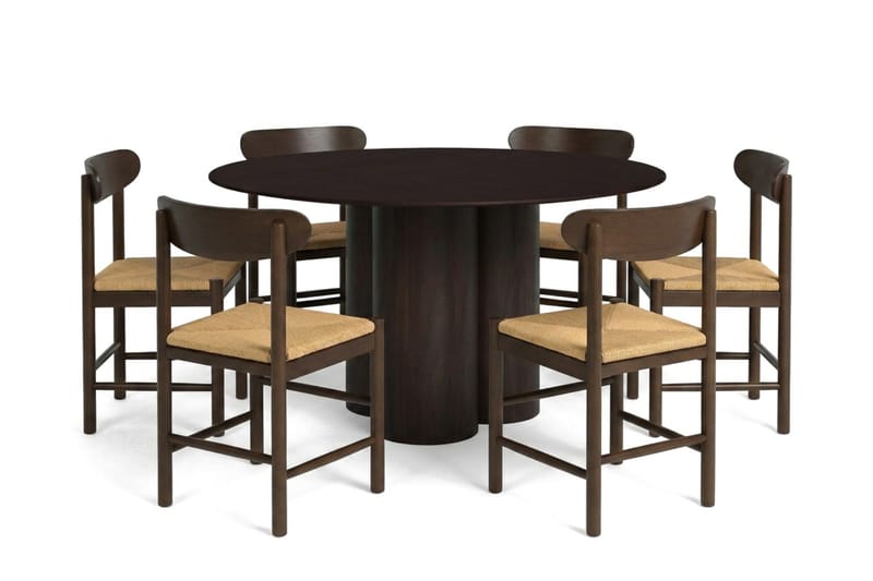 Juno spisegruppe rund 130 cm røget eg med 6 Malte spisestole, undefined