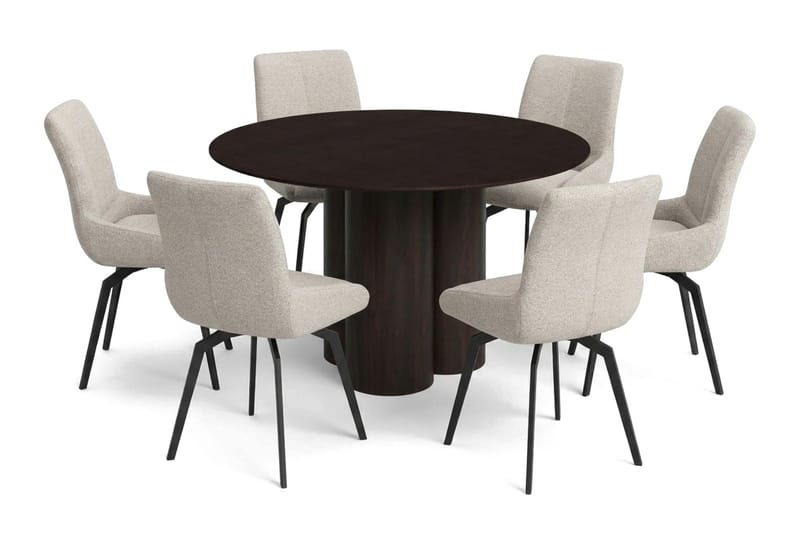 Juno spisegruppe rund 130 cm røget eg med 6 Mora spisestole, Røget eg