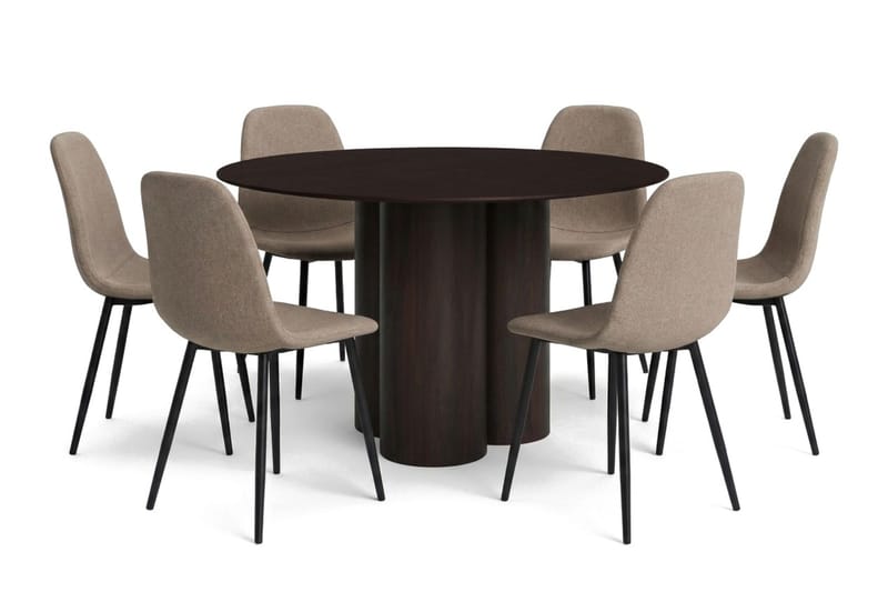 Juno spisegruppe rund 130 cm røget eg med 6 Nibe spisestole, Røget eg