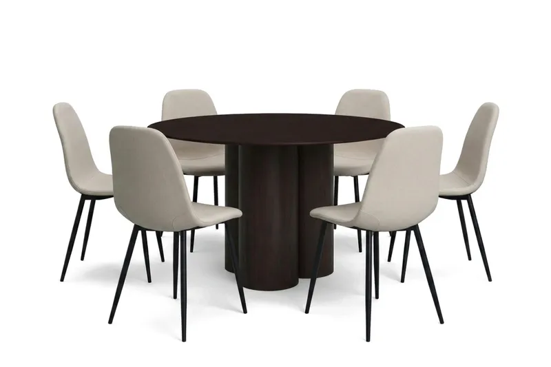Juno spisegruppe rund 130 cm røget eg med 6 Nibe spisestole, Røget eg