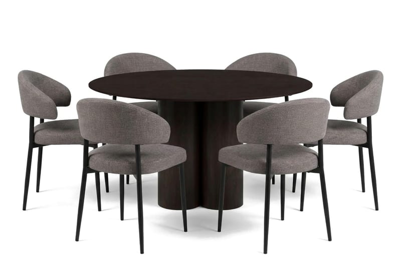 Juno spisegruppe rund 130 cm røget eg med 6 Sawako spisestole, Røget eg