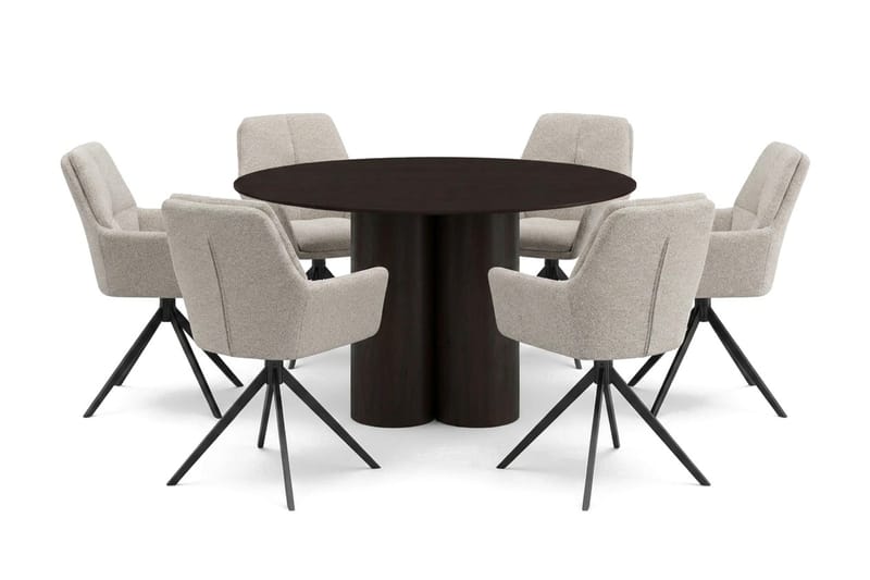 Juno spisegruppe rund 130 cm røget eg med 6 Torsby spisestole, Røget eg