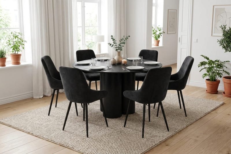 Juno spisegruppe rund 130 cm sort med 6 Alsarp spisestole - Sort - Møbler - Borde - Spisebordssæt