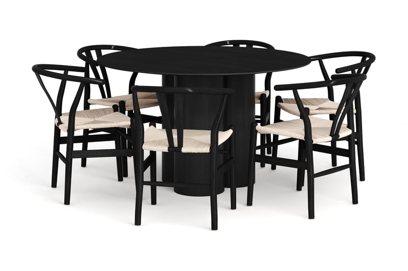 Juno spisegruppe rund 130 cm sort med 6 Dastoori spisestole, Sort