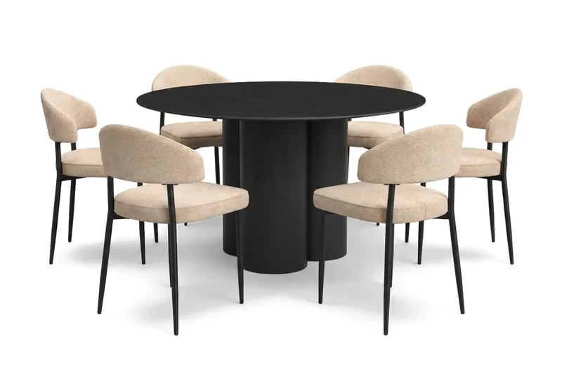 Juno spisegruppe rund 130 cm sort med 6 Jairam spisestole, Sortbejdset eg
