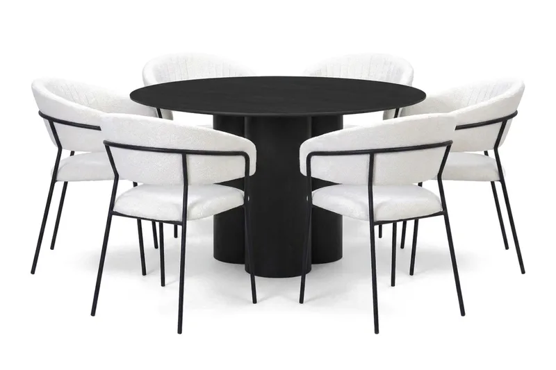 Juno spisegruppe rund 130 cm sort med 6 Karol spisestole, Sort