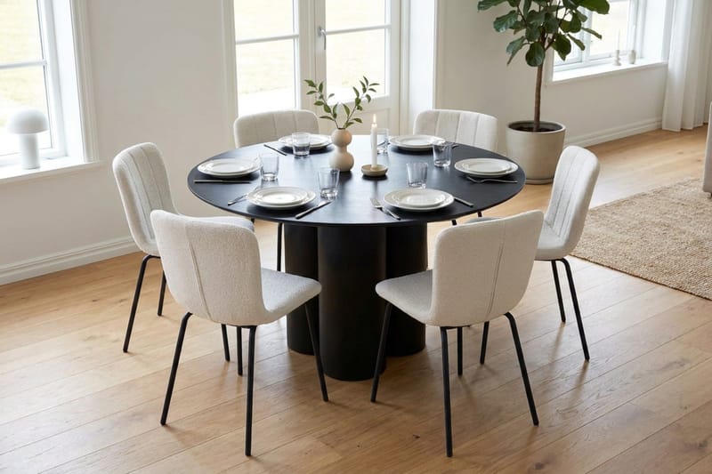 Juno spisegruppe rund 130 cm sort med 6 Katy spisestole - Sort - Møbler - Borde - Spisebordssæt