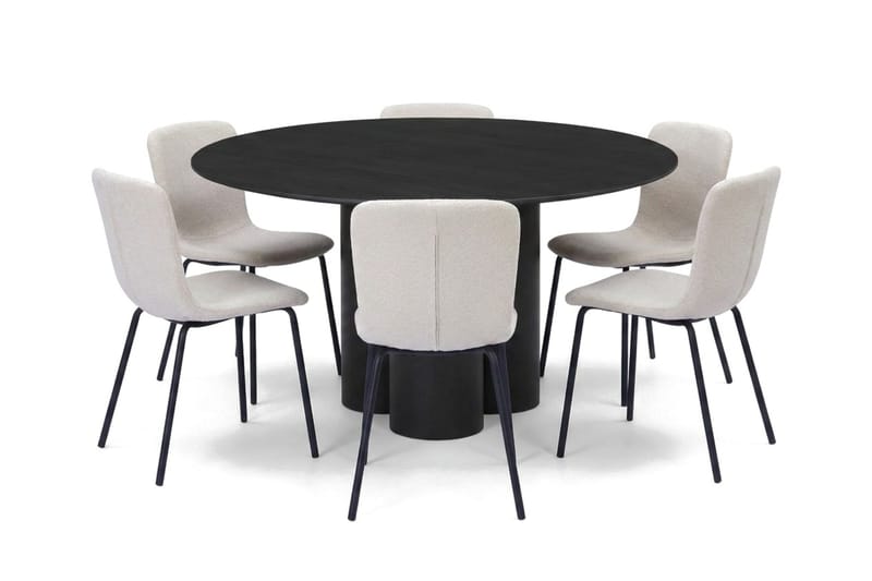 Juno spisegruppe rund 130 cm sort med 6 Katy spisestole - Sort - Møbler - Borde - Spisebordssæt