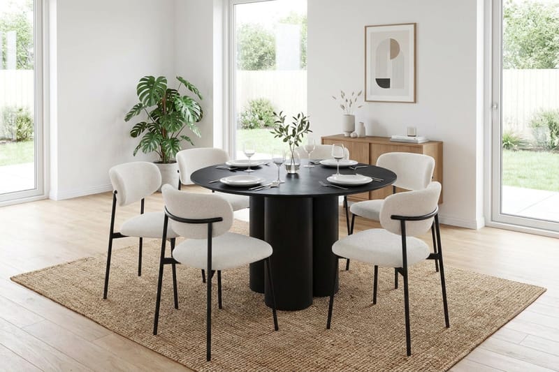 Juno spisegruppe rund 130 cm sort med 6 Lucy spisestole - Sort - Møbler - Borde - Spisebordssæt