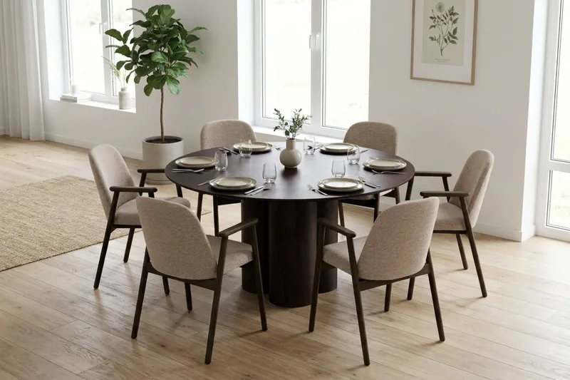 Juno spisegruppe rund 130 cm sort med 6 Reciclar spisestole - Sort - Møbler - Borde - Spisebordssæt