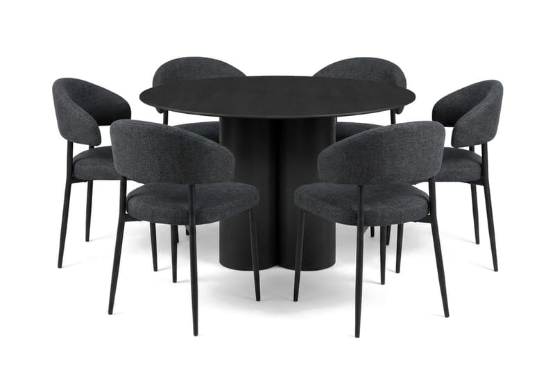 Juno spisegruppe rund 130 cm sort med 6 Sawako spisestole, Sort