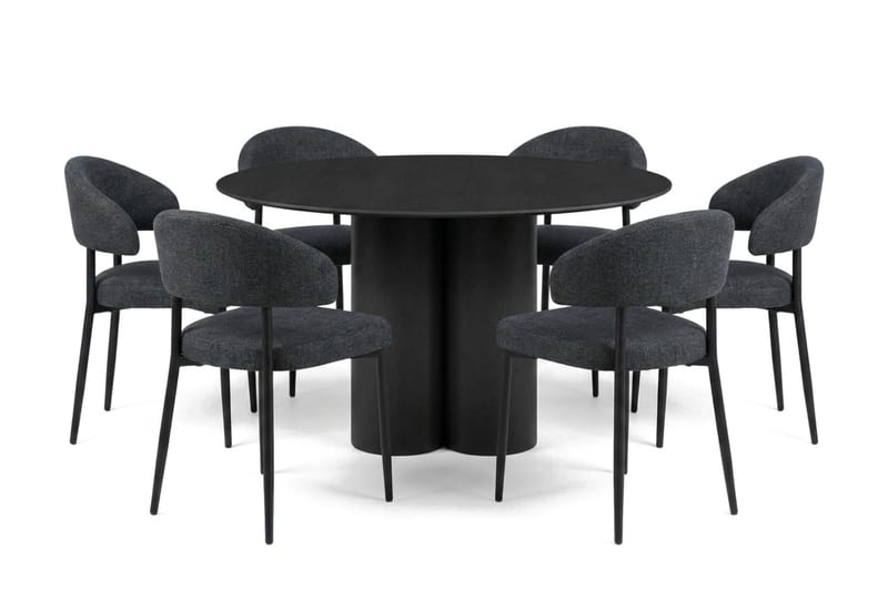 Juno spisegruppe rund 130 cm sort med 6 Sawako spisestole - Sort - Møbler - Borde - Spisebordssæt