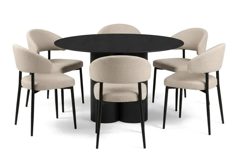Juno spisegruppe rund 130 cm sort med 6 Sawako spisestole, Sort