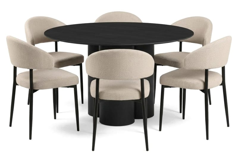 Juno spisegruppe rund 130 cm sort med 6 Sawako spisestole - Sort - Møbler - Borde - Spisebordssæt