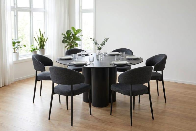 Juno spisegruppe rund 130 cm sort med 6 Sawako spisestole - Sort - Møbler - Borde - Spisebordssæt