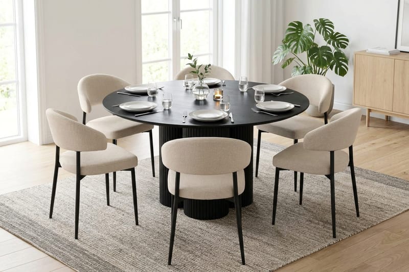 Juno spisegruppe rund 130 cm sort med 6 Sawako spisestole - Sort - Møbler - Borde - Spisebordssæt