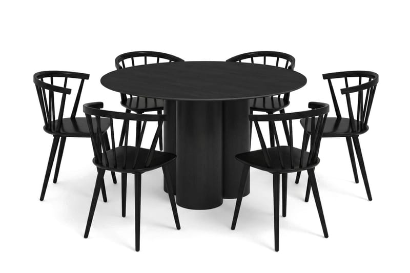Juno spisegruppe rund 130 cm sort med 6 Tyrö spisestole - Sort - Møbler - Borde - Spisebordssæt