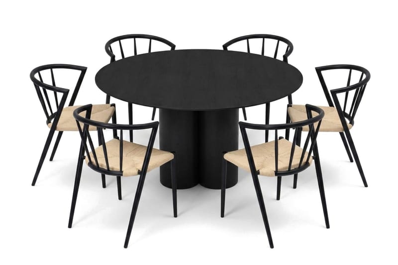 Juno spisegruppe rund 130 cm sort med 6 Winston spisestole, Sort