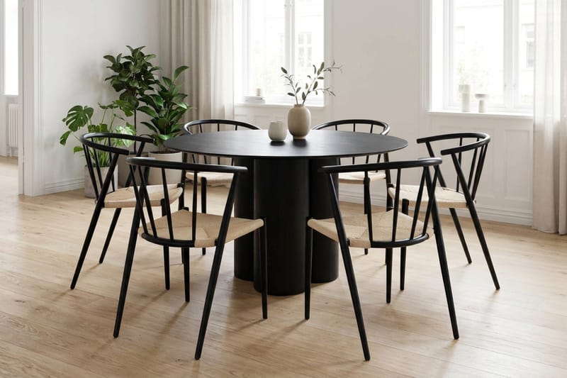 Juno spisegruppe rund 130 cm sort med 6 Winston spisestole - Sort - Møbler - Borde - Spisebordssæt