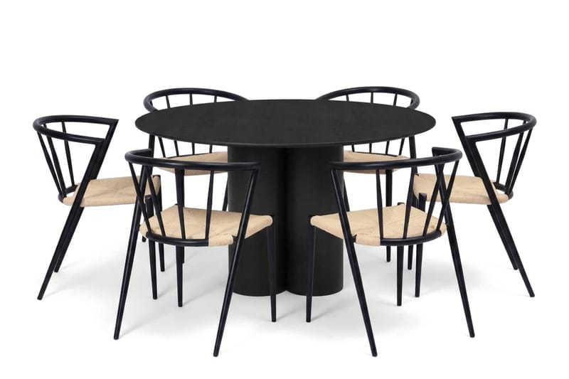 Juno spisegruppe rund 130 cm sort med 6 Winston spisestole - Sort - Møbler - Borde - Spisebordssæt
