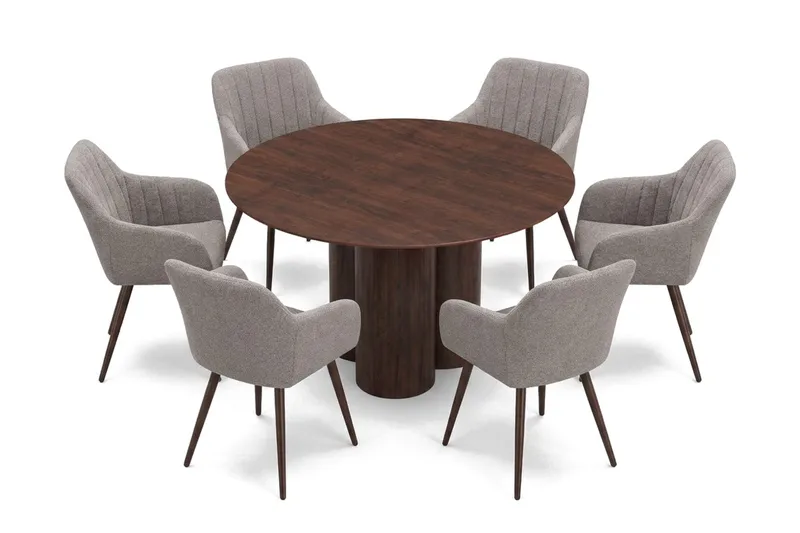Juno spisegruppe rund 130 cm valnød med 6 Filippa spisestole, Valnød