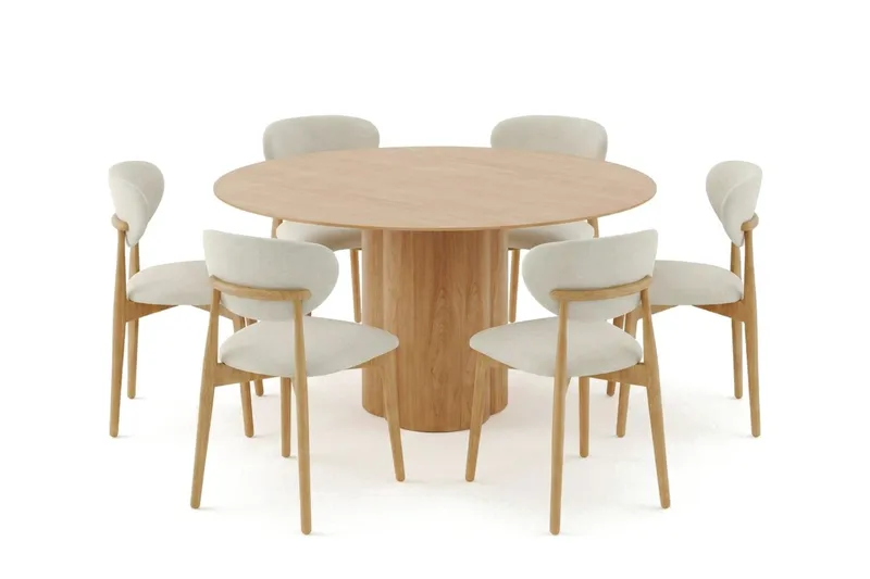 Juno spisegruppe rund 150 cm eg med 6 Molly spisebordsstole, Eg